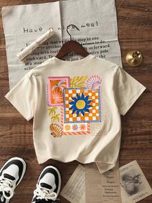 Tween Girls Casual Printed Round Neck Short Sleeve T-Shirt, Summer Top - Apricot - View 3