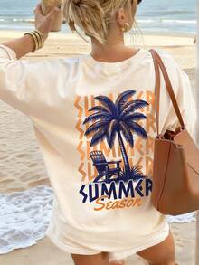 Summer Women's Ocean Beach Coconut Tree Letter Print Round Neck Camisole, Casual Loose Versatile Vacation Style Top, Suitable For Vacation And Summer Wear - Apricot - View 5