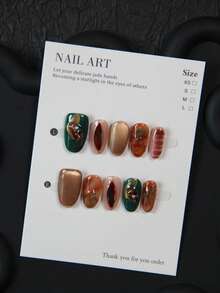 10 Stücke handgefertigtes mandelförmiges Nagelkunst Zubehör, Acryl Nagel Sticker mit barocken grünen Edelsteinen, goldener Katzenaugen-, Teufelsaugen-Designs, geeignet für Partys, Hochzeiten, Alltagsgebrauch, inklusive Werkzeug-Set, tolles Geschenk für Frauen Nägel Nagelzubehör - Grün - Übersicht 3