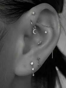 6pcs Cubic Zirconia Star & Moon Dangle Earrings, Suitable For Women's Daily Wear, Dates, Parties - Silver - View 1