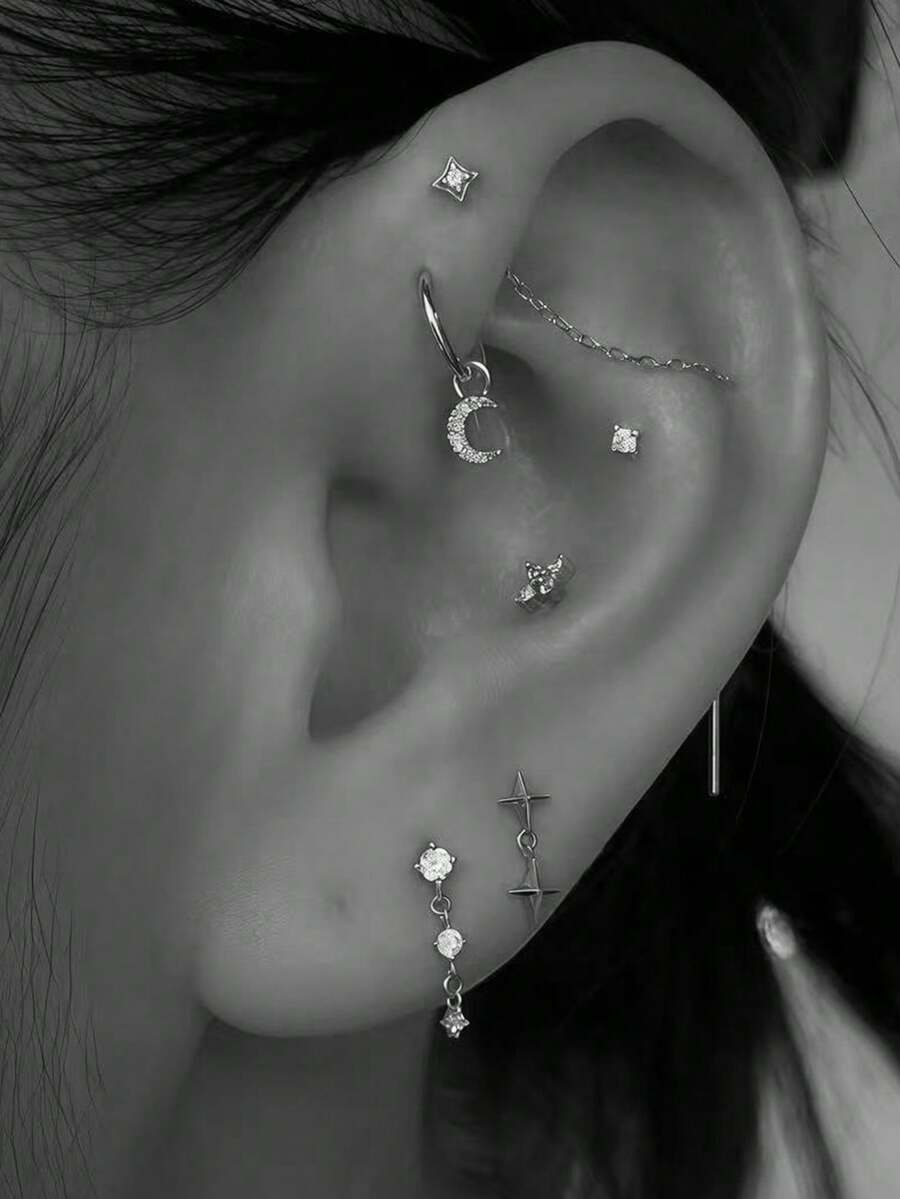 6pcs Cubic Zirconia Star & Moon Dangle Earrings, Suitable For Women's Daily Wear, Dates, Parties - Silver - View 1