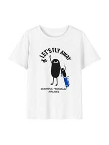 200g 100% Cotton T-Shirt, 2026 Women's Summer Fashion Cartoon Character Print Short Sleeve T-Shirt, Couple Style, Underwear/Outerwear, Office Casual Round Neck Short Sleeve Top - White {Fun T-shirt/Women's Summer Clothing} - View 4