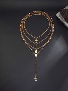 4pcs/Set Fashionable Versatile Men's Cross & Ball Chain Necklace Set, Suitable For Casual And Work Outfits - Gold - View 7