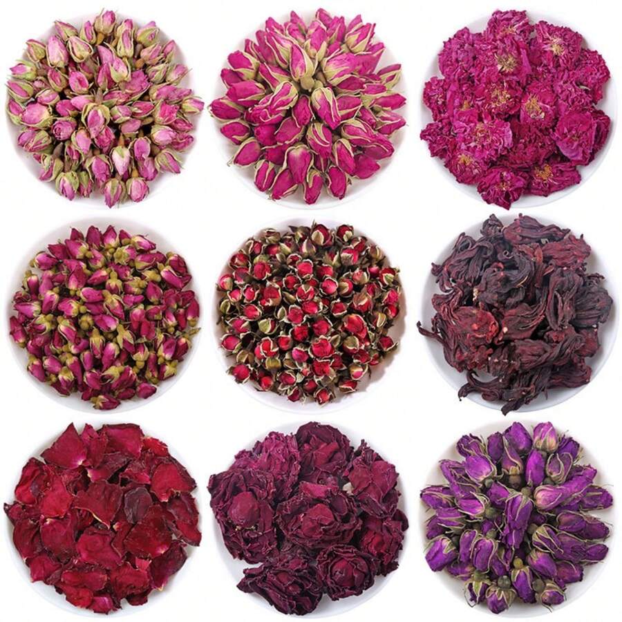 1 Stück 60g/120g/150g/180g/210g duftende getrocknete Blumen & Pflanzen, inklusive lila Rose, rote gelbe grüne getrocknete Blütenblätter, Lavendel, Jasmin, Chrysantheme, Celosia, Bougainvillea, geeignet für Feiertags-Dekoration, Wohnzimmer, Schlafzimmer, Büro, Café - Kerze Trockenblumen (1 Stück) - Übersicht 1