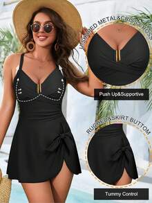 Women's Elegant One-Piece Swimsuit For Summer Beachwear, Featuring A Criss-Cross Strap Design, Push-Up Style, And U-Shaped Underwire With A Ruffled Skirt.  One Of The Most Popular Swimsuits Of 2026. - 黑色 - 查看 4