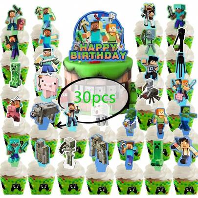 30个像素世界矿物方块造型纸杯蛋糕装饰插牌，像素主题派对装饰，生日派对，婴儿派对用品