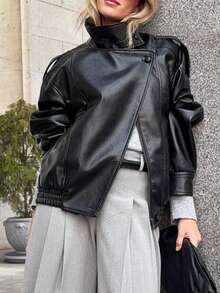 Fashionable Casual Women Long Sleeve High Collar Loose Motorcycle Style Top, 2026 Street Style / Women's Valentine's Day Outfit - Black - View 5