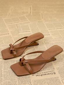 Women's Square Toe High Heel Flip Flops, Brown Casual Summer Slippers - Brown - View 2