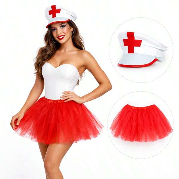 Fantasia Enfermeira Feminina  Quepe Saia Tule Carnaval Bloquinho Festa  Adulto