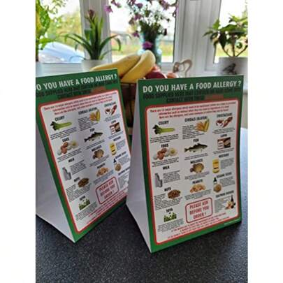 Pack Of 2 FOOD ALLERGY AWARENESS TABLE SIGN A5 TENT CARD 210mm X 148mm LAMINATED 350g 14 Allergens POSTER The Clearest Food Allergy Notice In The Food And Hygiene Posters Range. Allergy Warning Sign