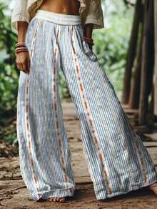 2026 Women's New Arrival Pink & Blue  Printed Patchwork Floral Plaid Pastoral Style Wide-Leg Elastic Waist Casual Pants - Rửa nhẹ - Xem 2