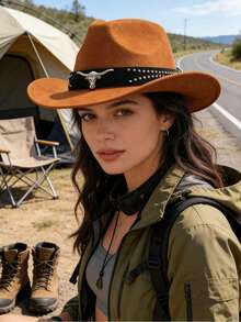 Men Women Cowgirl Hat Wide Brim Stylish Bull Head Belt Leather Design Western Cap For Daily Life Party - Màu Khaki - Xem 1