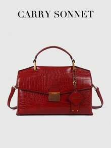 Bolso de mano con textura y diseño de cierre de metal, elegante bolso de hombro. Bolso de mujer, regalo para mujer - Burdeos - Ver 2