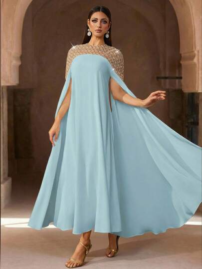 优雅白色长袖卡夫坦长袍，饰以精致串珠，奢华长款阿巴雅，端庄得体，阿拉伯风格女式长袍。