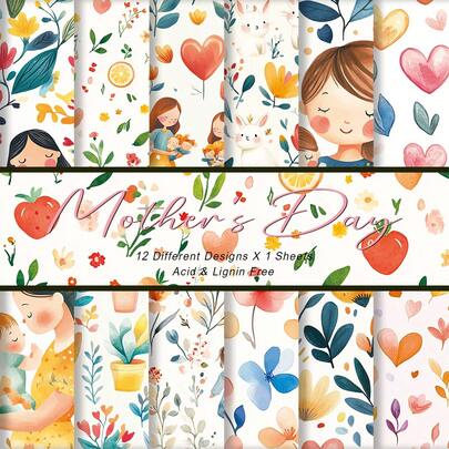 12pcs Watercolor Floral Mother's Love Theme Scrapbook Paper, Mother's Day Decorative Craft Paper For Collage, Card Making, Scrapbooking, Junk Journal & Photo Album Decor