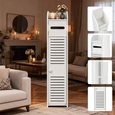 Bathroom Floor Cabinet, Home Storage Cabinet With Doors And Shelves, Freestanding High-Fiber Storage Box, Waterproof Kitchen Storage Rack, White Storage Cabinet, Dimensions: 17 X 15 X 80 Cm