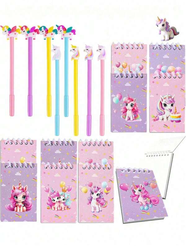 16 pezzi Set di quaderni e articoli di cartoleria a tema unicorno, include quaderni, penne a sfera, mini quaderni a tema unicorno, bomboniere per feste a tema unicorno, regali di compleanno, forniture per ufficio/scuola, regali per il ritorno a scuola