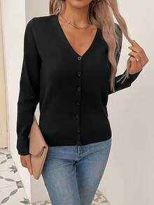 A Must-Have For Women's Spring And Autumn 2026: A Sophisticated V-Neck Button-Down Cardigan. A Casual Long-Sleeved Knit Cardigan, Perfect For Lounging At Home And Outdoor Activities. - 黑色 - 查看 4