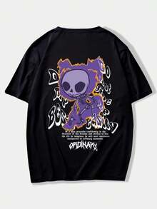 Graphic Tees Women ROMWE MEN Street Life Men Slogan Cartoon Graphic Y2k T-Shirt Men's Summer Casual 180g Pure Cotton T-Shirt Patterned Printed Short Sleeved Top T-Shirt - Black - View 1