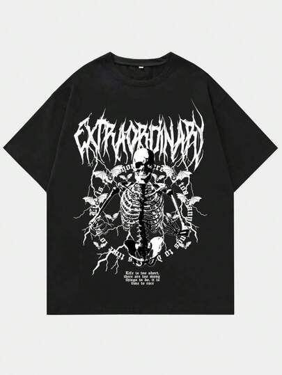 Herr-T-shirts ROMWE MEN Herr Skeletttryck Y2k T-shirt För Halloween, Skola Herrmode Tryck Casual T-shirt Casual Sommar T-shirt, Bekvämt Fritidskläder För Utomhus