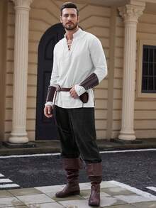 Men's Long Sleeve Medieval Shirt, Drawstring Linen-Like Fabric Viking Costume - White - View 3