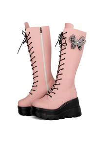 Gothic Knee High Lace Boots For Women Lace Up Platform Booties Round Toe Side Zipper Fashion Cosplay Dress Party Outdoor Combat Boots Women - 粉色 - 查看 2