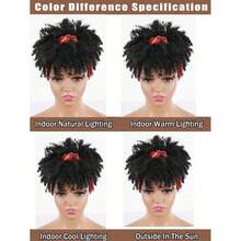 Black Headband Wigs For Women Afro Kinky Curly Wig With Synthetic Short Hair Wigs With Headband Attached Headwrap Wigs Kinky Curly Headband Wig - 黑色紅色 - 查看 5