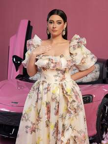 Faeriesty Đầm dạ hội cỡ lớn, tay phồng, xếp ly, chất liệu organza, họa tiết hoa, thích hợp cho tiệc cưới, tiệc mùa xuân. - Màu be - Xem 4