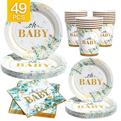 Oh Baby Eucalyptus Leaf Gold Disposable Plate, Napkin, Cup Set, Plates, Napkins And Cups Party Supplies, Serves 8 Guests, Disposable Paper Plates Party Tableware Suitable For Birthday, Wedding, Theme Party, Family Picnic