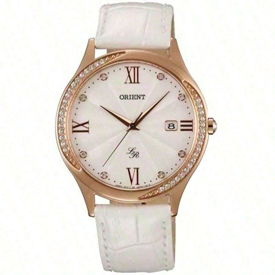Orient Luxury Rose Gold Crystal Edged Women's Watch, Elegant White Leather Strap, With Date And Roman Numerals - White - View 1