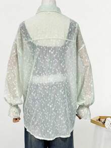 1pc Women's Lightweight Sheer Green Long Sleeve Cardigan Shirt Jacket, Suitable For Beach, Vacation, Daily, Date, Holiday Occasions, Summer Shirt, Beautiful Women's Vacation Style Top, Women's Vacation Wear. Elegant Women's Office Attire, Women's Holiday Outfit, Women's Date Night Outfit, Women's Elegant Top, Summer Casual Women's Wear, Women's Beach Outfit, Women's Vacation Outfit - Green - View 8