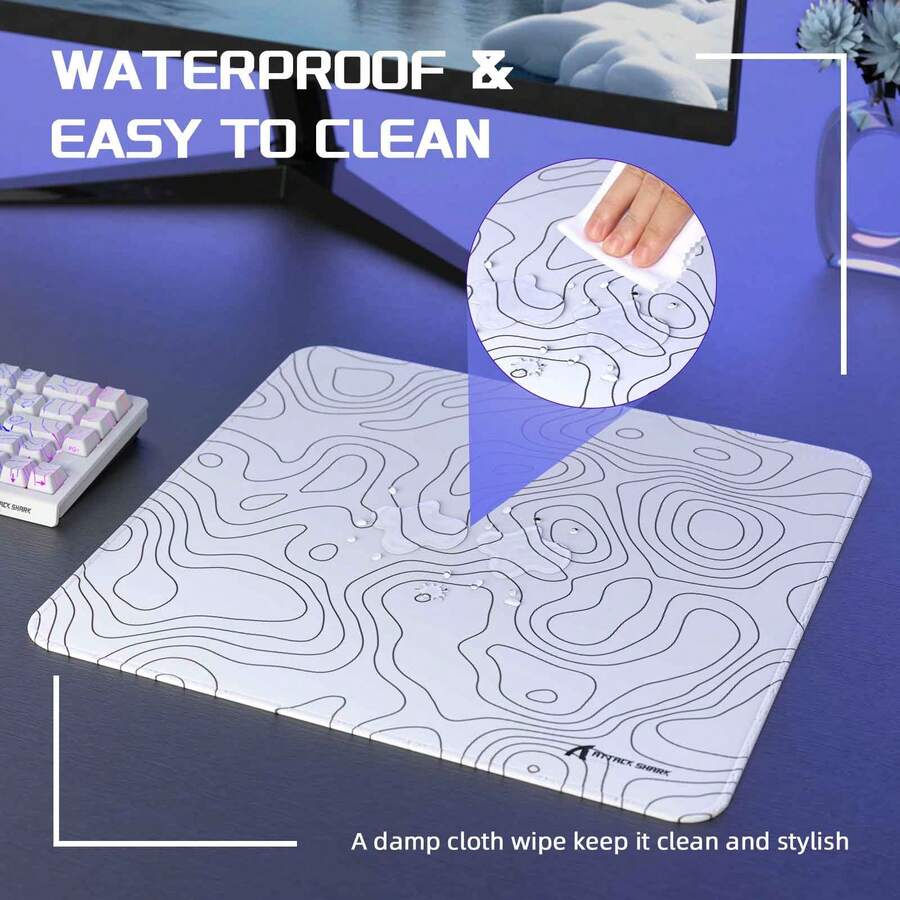 ATTACK SHARK CM02 游戏鼠标垫，速度型大号鼠标垫，防水表面，缝边，防滑橡胶底座，L 号，覆膜材质 - 白色 - 查看 1