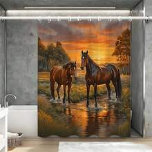 1 bộ rèm tắm tranh sơn dầu hoàng hôn và ngựa bên suối kèm móc treo, rèm phòng tắm phong cách thiên nhiên mộc mạc, rèm phòng tắm hình ảnh ngựa oai vệ dưới bầu trời vàng cho trang trí phòng tắm kiểu miền Tây, đồ dùng phòng tắm phong cảnh sống động, đồ dùng phòng tắm thư giãn cho người yêu động vật, rèm phòng tắm nổi bật cho phòng tắm phong cách trang trại, rèm tắm phòng tắm cho việc cải tạo nhà kiểu trang trại. - màu nâu - Xem 5
