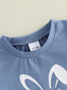 2Pcs Toddler Boy Easter Outfits Infant Baby Summer Clothes Some Bunny Loves You Letter Print Short Sleeve T Shirts And Shorts Set - Blue - View 6