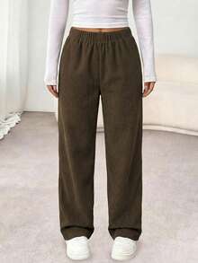 1pc Tween Girls' Plain Durable Casual Corduroy Straight Pants, Suitable For School - màu nâu - Xem 4