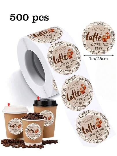 500pcs/Roll Coffee Latte Themed Thank You Doodle Stickers, 1 Inch Round, Coffee Festival Party Gifts, Recommended For Handmade Business, Gifts, Cards, DIY Decoration Packaging, PVC Sticker Scrapbook Supplies Funny Stickers Scrapbooking Supplies Kindle
