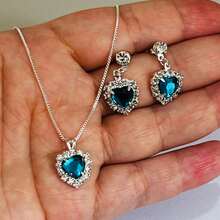 Venetian Chain Necklace And Heart Earring Set With Micro-Pave Cubic Zirconia Stones, Semi-Precious Jewelry Plated In 925 Silver. - 藍色 - 查看 4