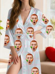 Customized Women's Robe, Can Print Funny Face Photos, Couple Avatars, Machine Washable All-Season Sleepwear And Bathrobe, Matching Couple Set, Personalized Long Sleeve Long Robe, Ideal Gift For Family, Friends On Anniversary, Unique Anniversary, Birthday, Valentine's Day - Baby Blue - View 7