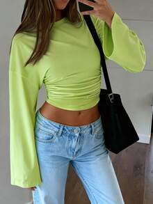 Nueva blusa elegante de manga larga con cuello redondo y volantes de unicolor, adecuada para vacaciones, citas, escuela, viajes y uso diario en primavera - verde tierno - Ver 5