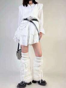 Cute Fluffy Leg Warmers - Y2K White Fluffy Leg Warmers With Satin Bow, Soft Knitted Cuffs, Warm For Winter, Suitable For Daily Wear, Cosplay Parties, And Street Fashion - Multicolor - View 4