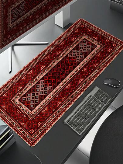 سجادة بوهيمية الطراز حصيرة طاولة، وسادة فأرة كمبيوتر هندسية حمراء بوهيمية مع حافة مخيطة وقاعدة مطاطية مانعة للانزلاق، وسادة فأرة كبيرة للمكتب والكمبيوتر المحمول والمنزل