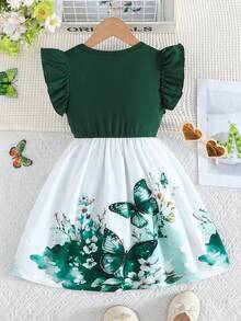 Girls' Summer Ruffle Sleeve Bow Tie Localized Rose Floral Print Casual Dress - Dark Green - View 2