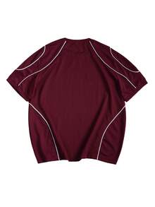 Men's Fashion Sports Mesh Patchwork Burgundy Short Sleeve 0 Digit Minimalist Print Split T-Shirt, Suitable For Spring/Summer Casual Daily Wear, Street Boyfriend Gift - Burgundy - View 2