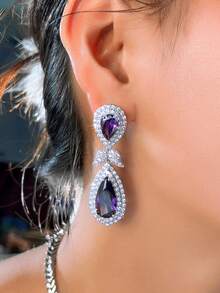 1 Pair Luxurious Purple Water Drop Cubic Zirconia Long Leaf Dangle Earrings, Silver Plated CZ Women Elegant Jewelry For Brides, Bridesmaids, Engagement, Banquet, Party, Prom, Valentine's Gift - Purple - View 2