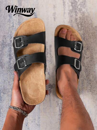 Men's Fashion Double Buckle Casual Non-Slip Slide Sandals, Suitable For Indoor And Outdoor Walking