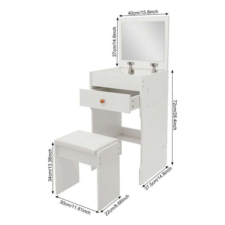 Compact Makeup Vanity Table With Mirror & Stool, 40cm Flip-Up Dressing Table For Bedroom With Storage Compartments, Vanity Table With Mirror For Bedroom, Space-Saving Vanity Desk - Warm White, Black Walnut, White Oak - 暖白色 - 查看 7
