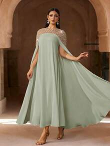 Eleganter weißer Langarm Kaftan Bademantel, verziert mit exquisiter Perlenbestickung, luxuriöser langer Abaya, würdevoll und angemessen, arabischer Stil Bademantel für Frauen im Frühling - Minzgrün - Übersicht 4