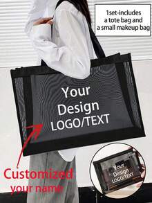 Customized Mesh Tote Bag And Cosmetic Bag Set, DIY Custom Text/Image, Your Exclusive Personalized Design (Name, Logo, Text), Foldable Large Capacity Women's Bag, Multifunctional Travel Portable Bag - Multicolor - View 6