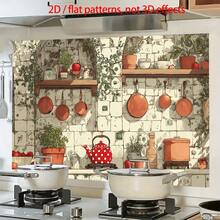 这款单片式2D平面设计厨房墙贴，以经典的橱柜配色和摆放在架子上的各种厨房用具为特色，营造出怀旧的氛围。它易于粘贴，经久耐用，采用PVC自粘纸制成。 - 款式1 - 查看 5