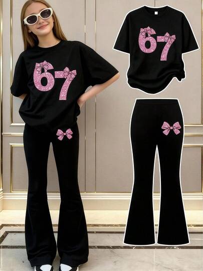2pcs/Set Girls Sequin "67" & Bow Print Casual Street Style Outfit, Comfortable & Skin-Friendly, Sweet Yet Stylish. Sequin Decor Unifies The Look, Helps You Create A Refined, Sweet Yet Personalized Daily Look.